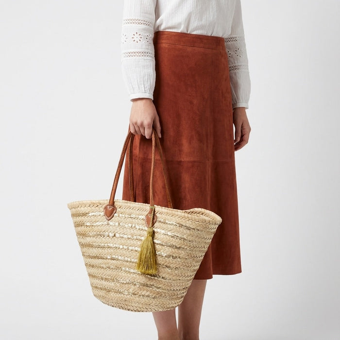 Gold Sequin Straw Tote - Handmade French Market Basket Leather Handles