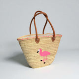Embroidered Flamingo Straw Tote Bag Woven Summer Beach Basket