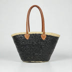 Sequin Straw Tote Bag with Leather Handles - Large Beach Basket