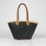 Sequin Straw Tote Bag with Leather Handles - Large Beach Basket