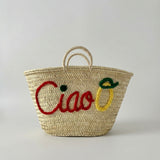 Ciao Embroidered Straw Tote Bag - Woven Lemon Beach Basket Handbag