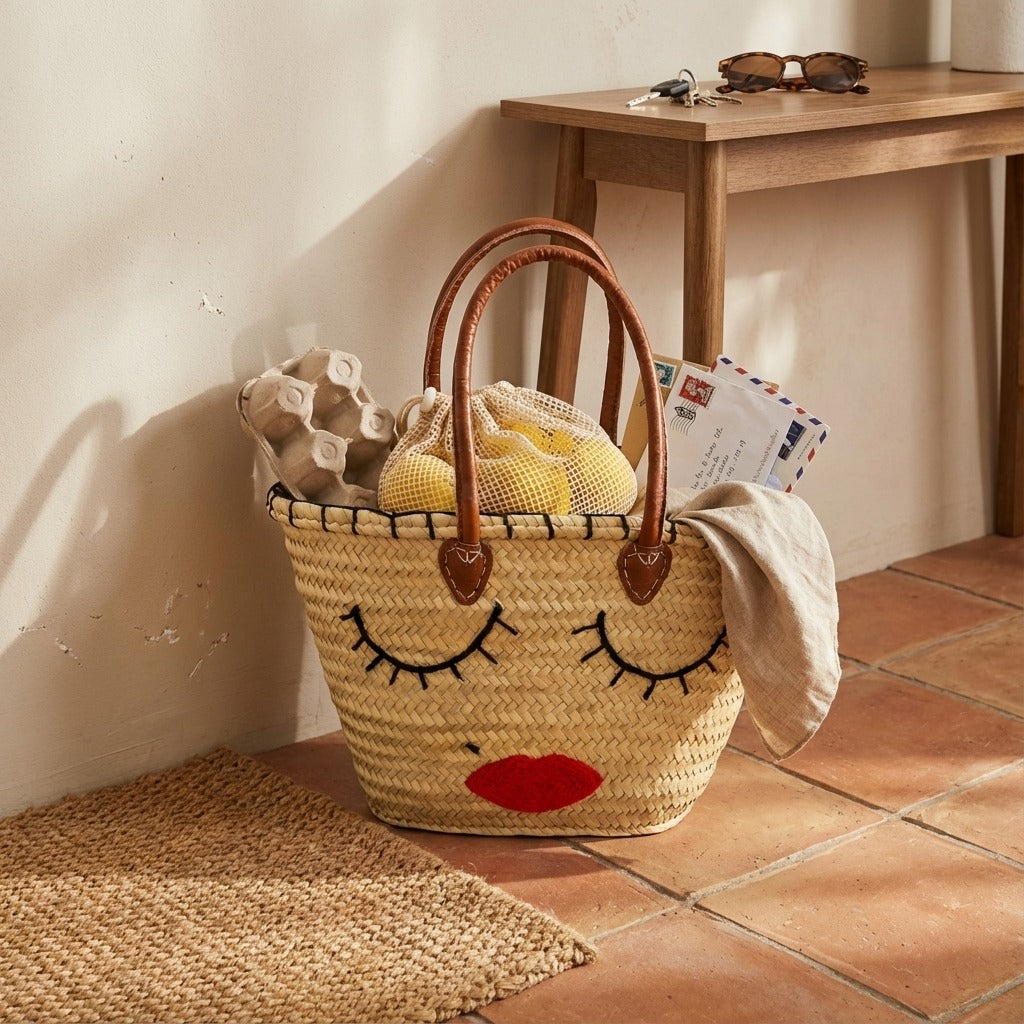 Woven Straw Tote Bag with Embroidered Face and Leather Handles