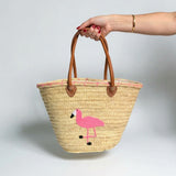 Embroidered Flamingo Straw Tote Bag Woven Summer Beach Basket
