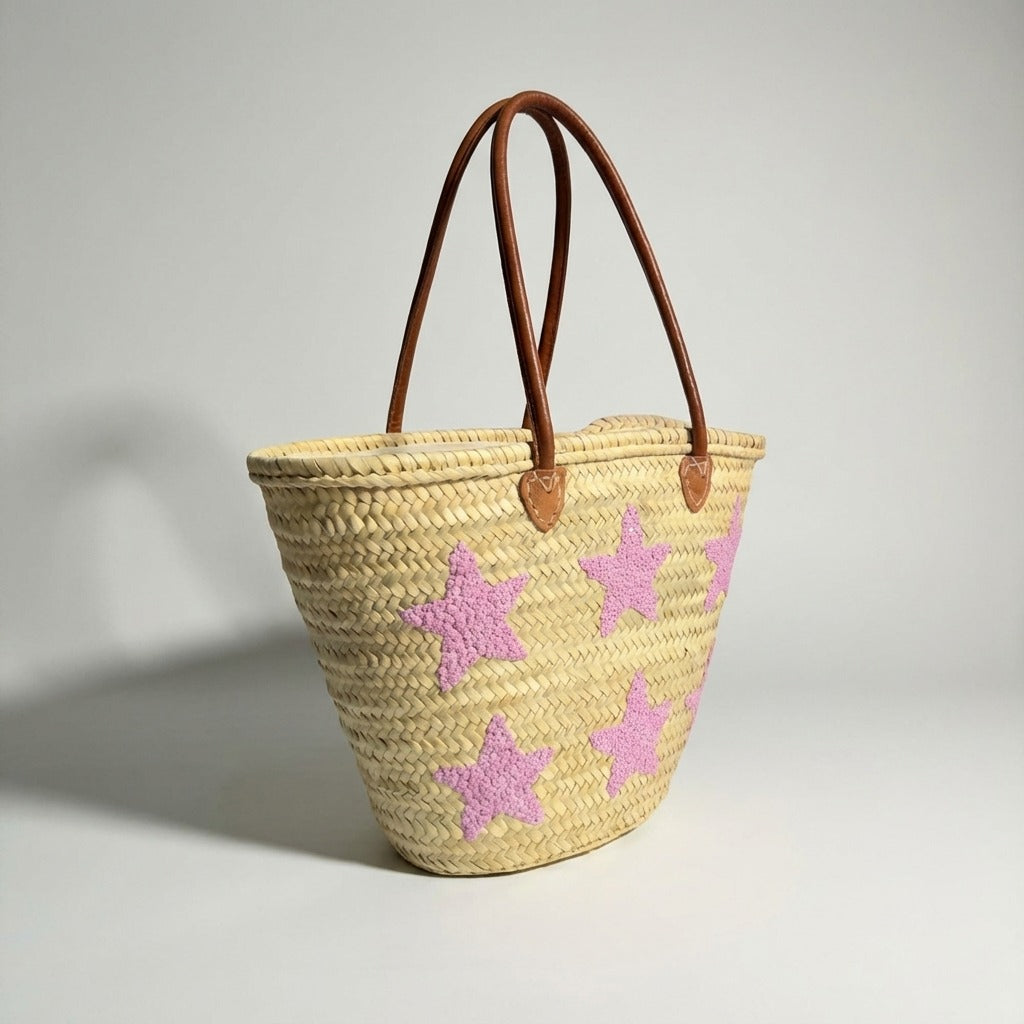Pink Star Straw Tote Bag - French Market Basket Leather Handles