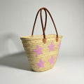 Pink Star Straw Tote Bag - French Market Basket Leather Handles