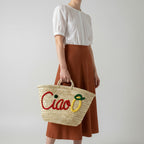 Ciao Embroidered Straw Tote Bag - Woven Lemon Beach Basket Handbag