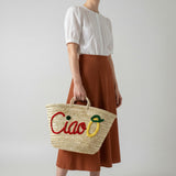Ciao Embroidered Straw Tote Bag - Woven Lemon Beach Basket Handbag