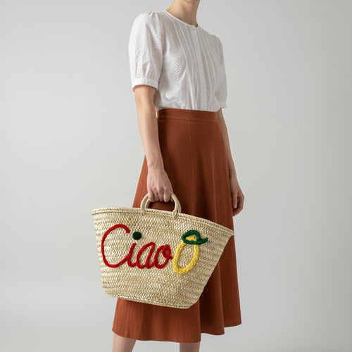 Ciao Embroidered Straw Tote Bag - Woven Lemon Beach Basket Handbag