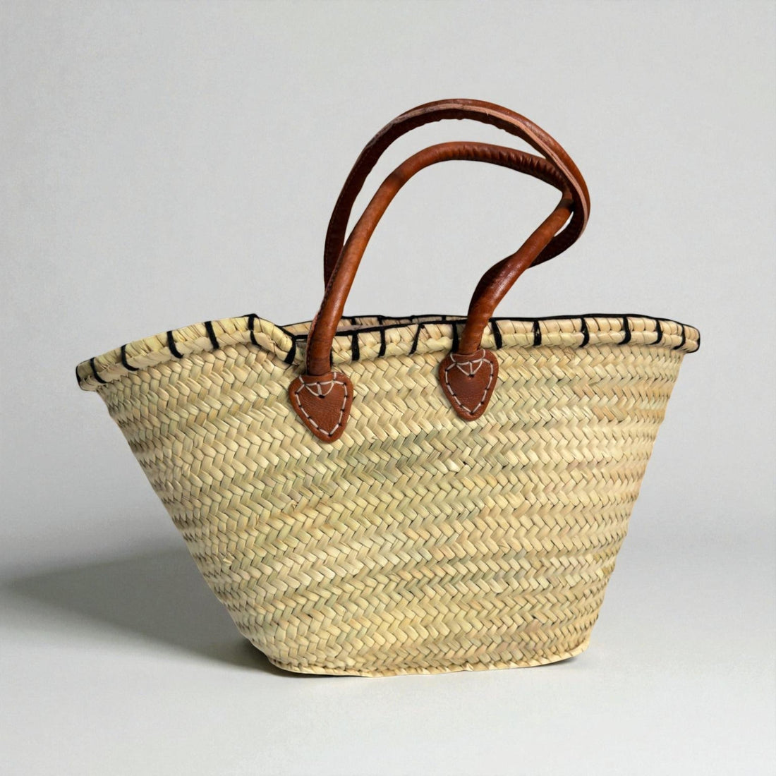 Woven Straw Tote Bag with Embroidered Face and Leather Handles