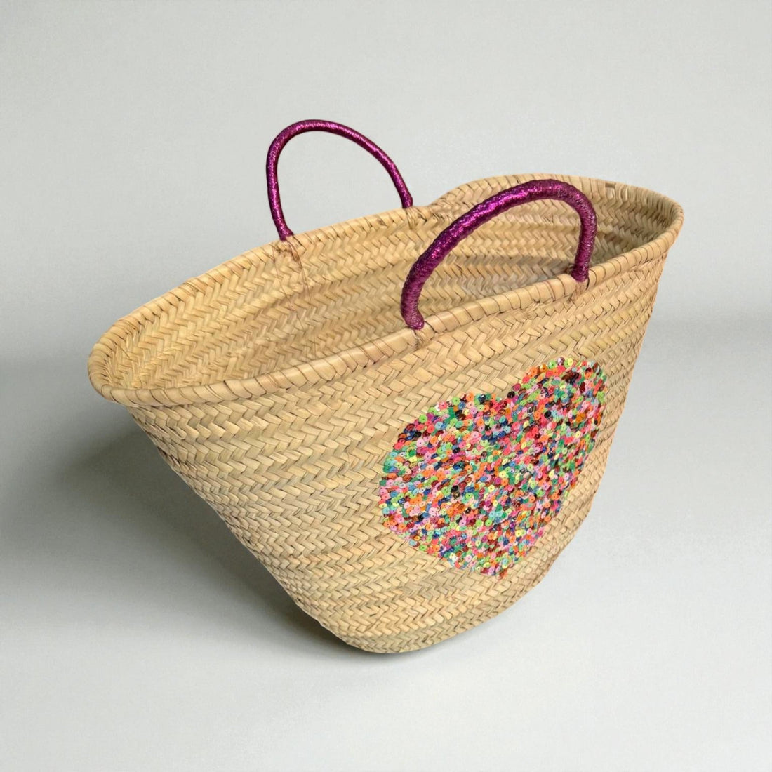 Sequin Heart Straw Market Basket - Handmade Boho Beach Tote Bag