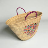 Sequin Heart Straw Market Basket - Handmade Boho Beach Tote Bag