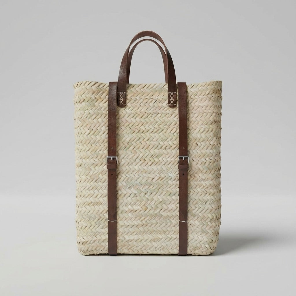 Handmade Straw Backpack with Leather Straps Woven Market Bag