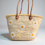 Daisy Embroidered Straw Tote Bag - Woven Summer Beach Basket