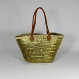 Sequin Straw Tote Bag with Leather Handles - Large Beach Basket