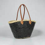 Sequin Straw Tote Bag with Leather Handles - Large Beach Basket
