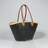 Sequin Straw Tote Bag with Leather Handles - Large Beach Basket