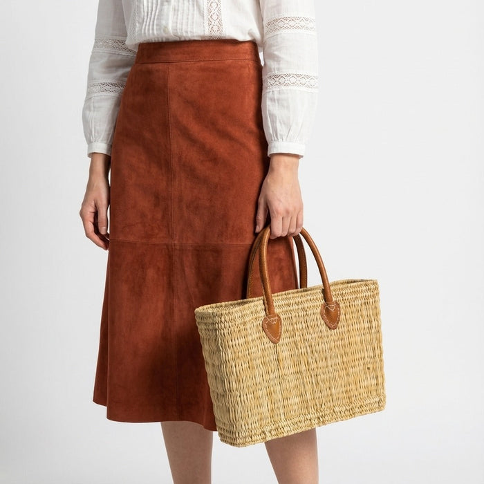 Rectangular Straw Market Bag with Leather Handles - Woven Beach Tote