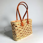 Woven Straw Tote Bag with Leather Handles Summer Beach Market Basket