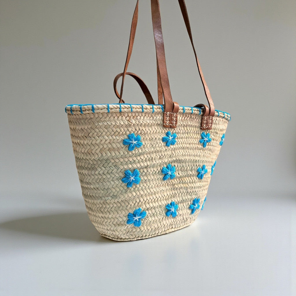 Embroidered Straw Tote Bag Floral Market Basket Leather Handles
