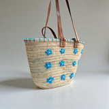 Embroidered Straw Tote Bag Floral Market Basket Leather Handles