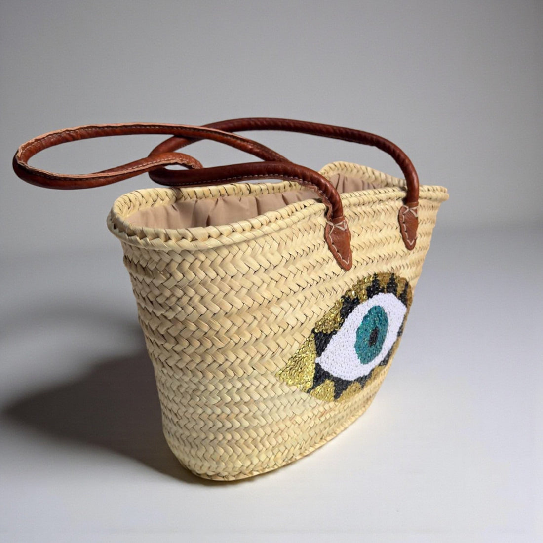 Evil Eye Straw Bag, Large Sequin Woven Market Tote & Leather Handles