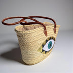 Evil Eye Straw Bag, Large Sequin Woven Market Tote & Leather Handles