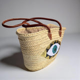 Evil Eye Straw Bag, Large Sequin Woven Market Tote & Leather Handles