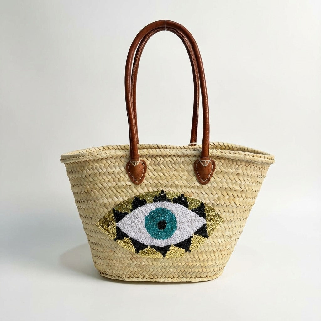 Evil Eye Straw Bag, Large Sequin Woven Market Tote & Leather Handles
