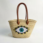 Evil Eye Straw Bag, Large Sequin Woven Market Tote & Leather Handles
