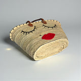 Woven Straw Tote Bag with Embroidered Face and Leather Handles