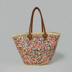 Sequin Straw Tote Bag with Leather Handles - Large Beach Basket