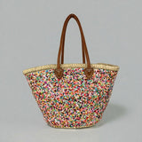 Sequin Straw Tote Bag with Leather Handles - Large Beach Basket