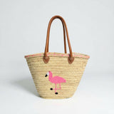 Flamingo Straw Beach Bag Woven Tote with Leather Handles