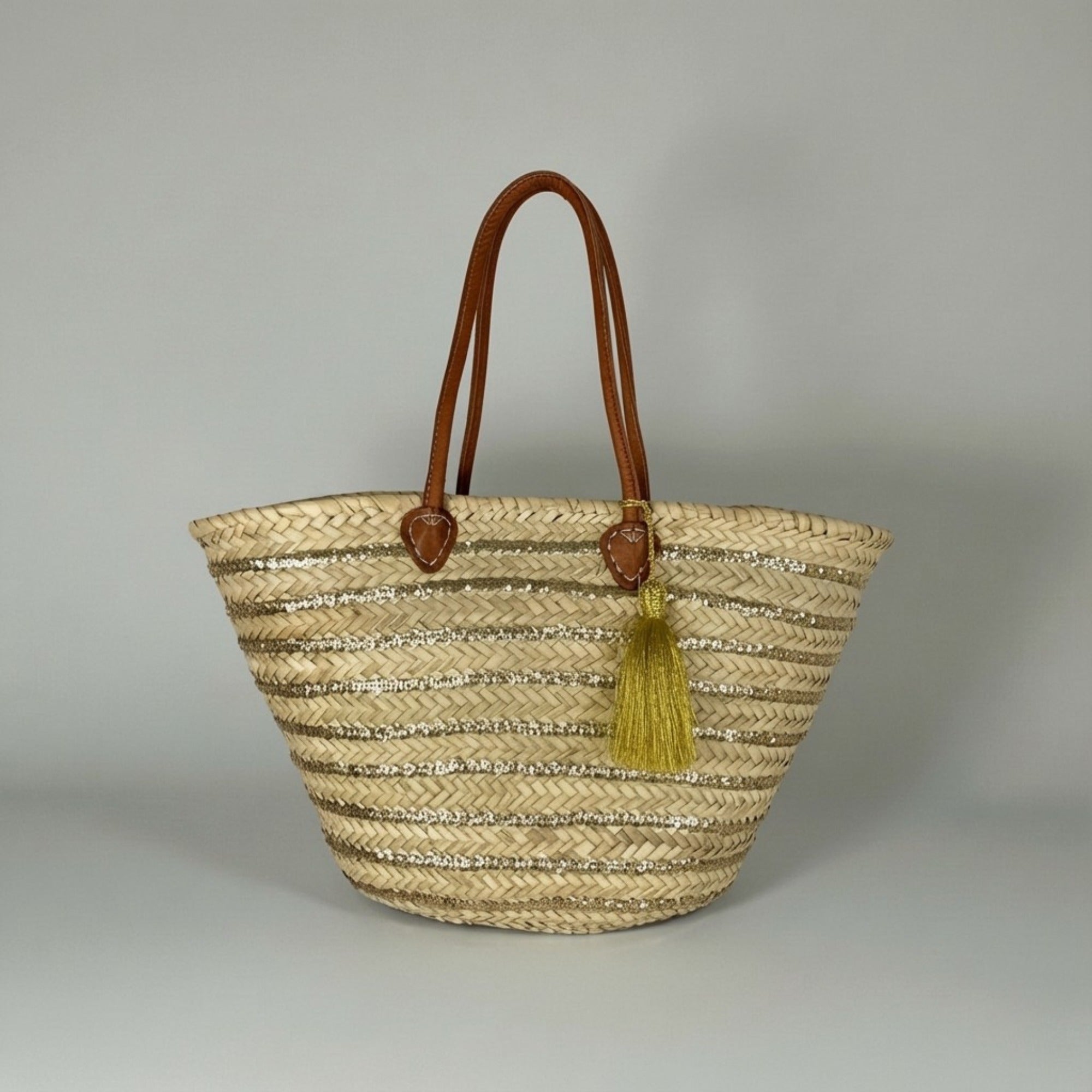 Gold Sequin Straw Tote - Handmade French Market Basket Leather Handles