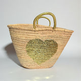 Sequin Heart Straw Market Basket - Handmade Boho Beach Tote Bag