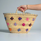 Floral Embroidered Straw Market Basket - Boho Woven Tote Bag