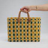Handmade Reed Market Basket Tote Bag - Orange Green Geometric Pattern