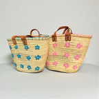 Embroidered Straw Tote Bag Floral Market Basket Leather Handles