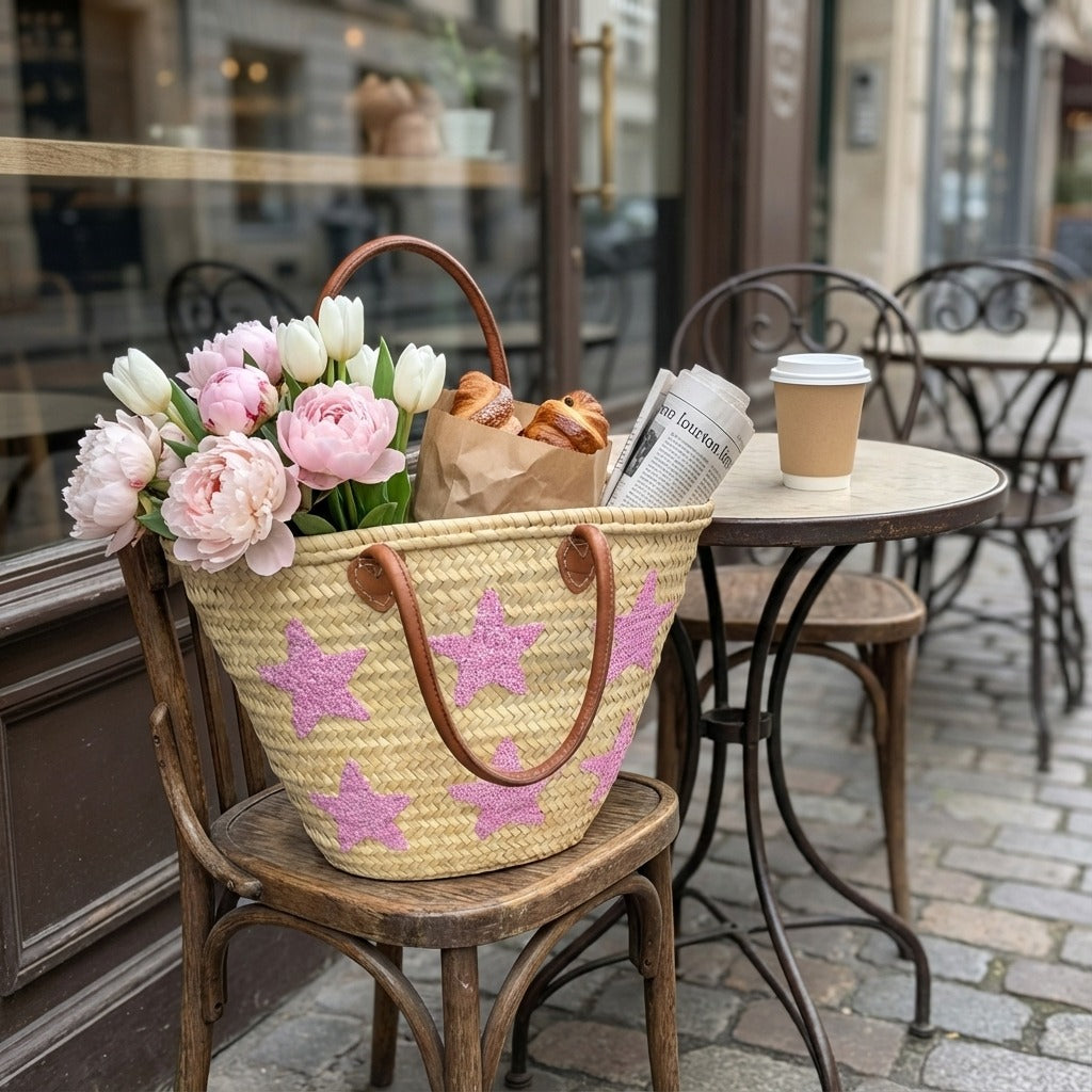 Pink Star Straw Tote Bag - French Market Basket Leather Handles