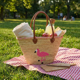 Embroidered Flamingo Straw Tote Bag Woven Summer Beach Basket