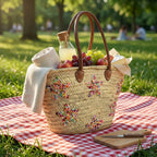 Star Embroidered Straw Tote Bag - Woven French Market Basket