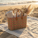 Handmade Reed Market Basket Tote with Leather Handles