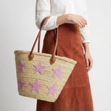 Pink Star Straw Tote Bag - French Market Basket Leather Handles