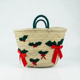 Christmas Holly Straw Tote Bag - Woven Holiday Market Basket