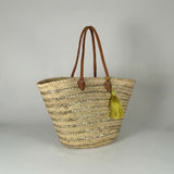 Gold Sequin Straw Tote - Handmade French Market Basket Leather Handles