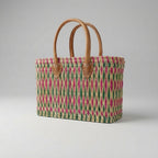 Handmade Reed Market Basket Tote with Leather Handles