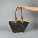 Sequin Straw Tote Bag with Leather Handles - Large Beach Basket