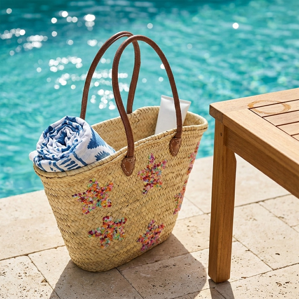 Star Embroidered Straw Tote Bag - Woven French Market Basket