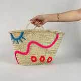 Embroidered Straw Tote Bag Woven Market Basket with Eye & Wave Design