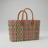 Handmade Reed Market Basket Tote with Leather Handles